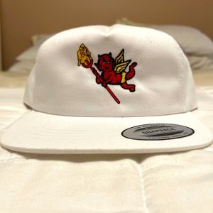 Higher Cultures SnapBack Hat. White with Red Cherub logo